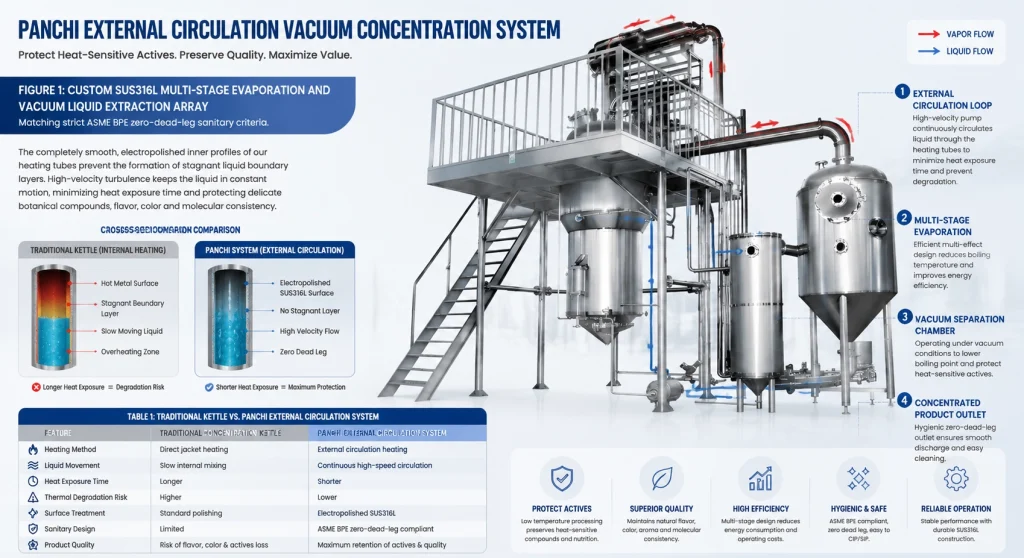 SUS316L external circulation vacuum evaporator system designed for low temperature vacuum concentration of heat-sensitive herbal extracts